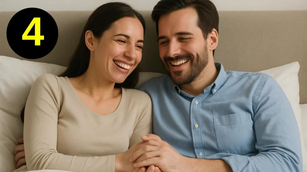 Couple happy in bed, control restored