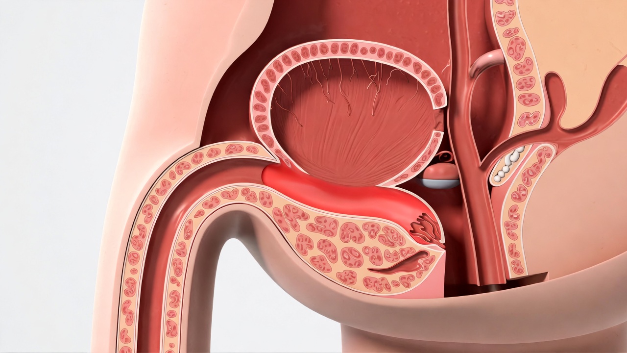 Cross-section of the prostate showing the muscle plug blocking urine flow